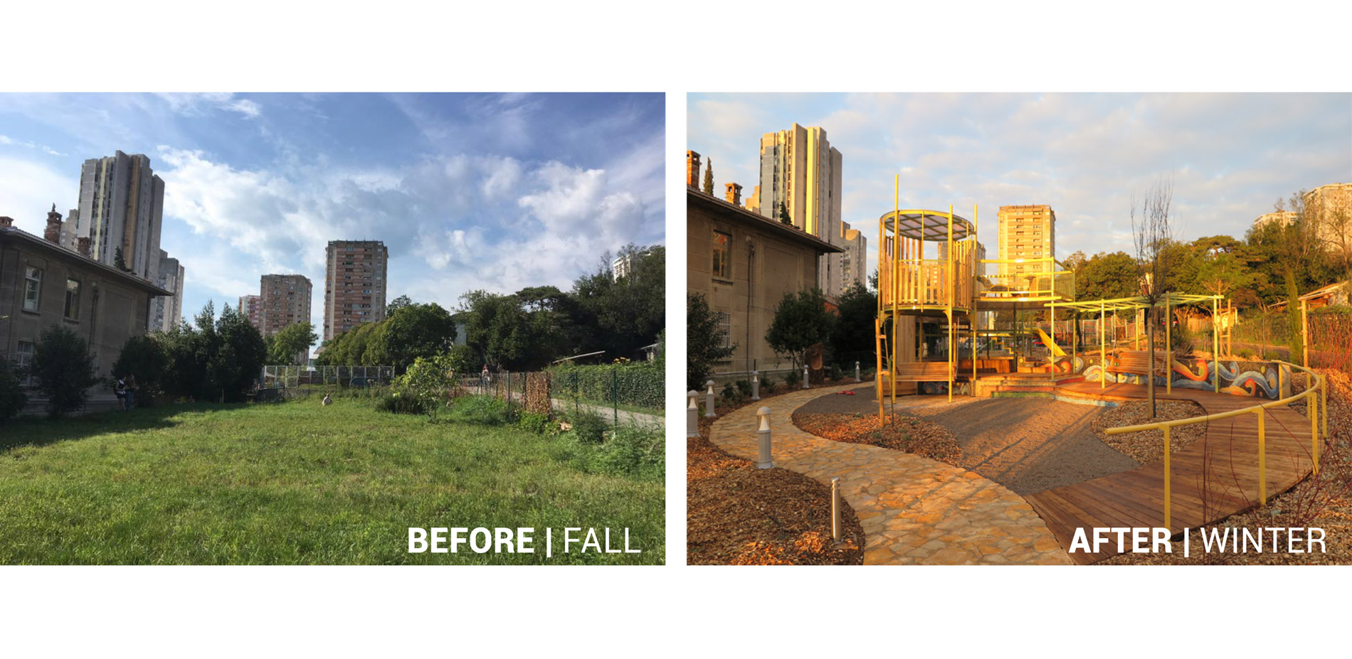 The after image shows the built central event and gathering space featuring a ramp, multi-level decks, arbor, tower, long bench and bench swings, and …