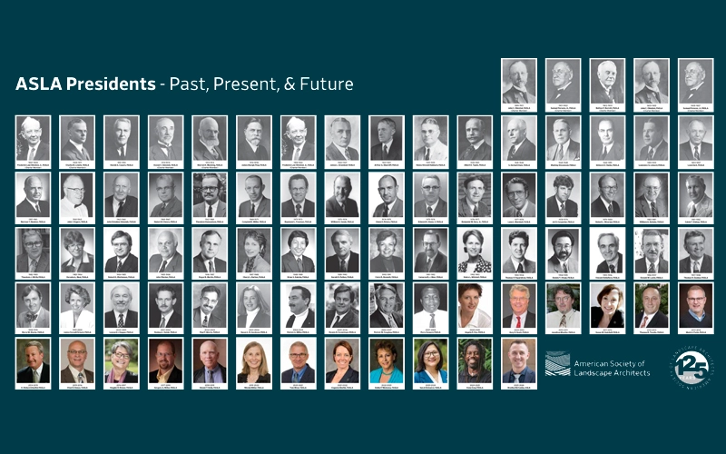 The first 81 presidents of the American Society of Landscape Architects. Graphic prepared on the occasion of ASLA's 125th anniversary