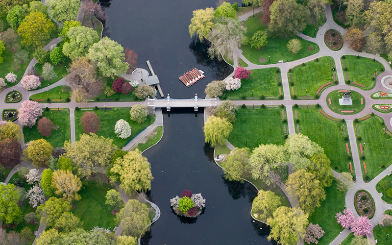 Aerial view of a bridge spanning a lake in Boston Public Garden