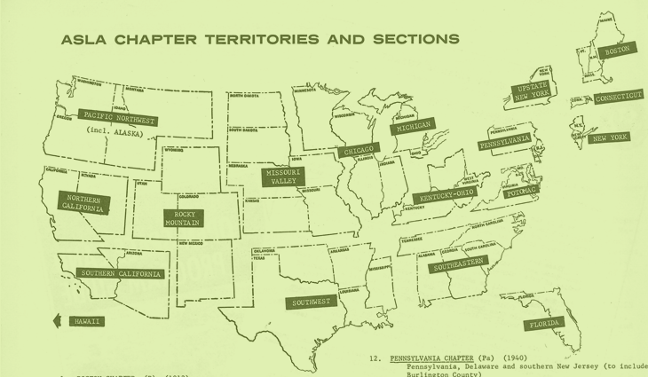 A map of ASLA Chapters printed in the April 1962 ASLA Bulletin
