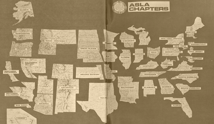 A map of ASLA Chapters printed in the April 1977 handbook