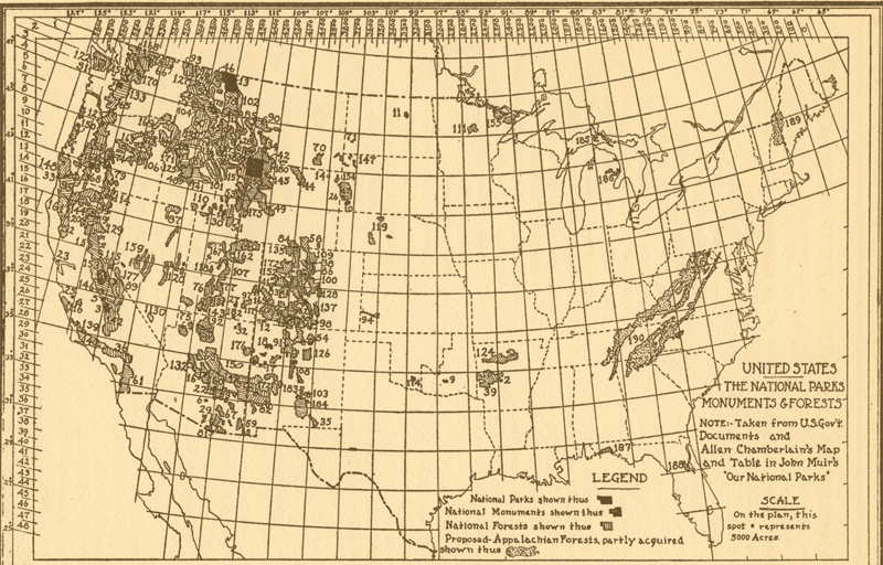 1916 map of National Parks, Monuments and Forests compiled by Warren H. Manning