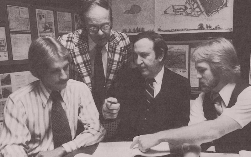 Pat Moore, Robert Woerner, Robert Walker, and Brian Winterowd judging the 1980 ASLA National Student Design Competition entries.