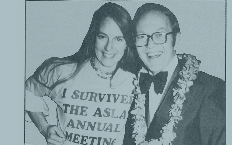 Annual Meeting Program Chair Randy Boyd Fitzgerald and ASLA President Robert L. Woerner, FASLA, breathe a smile of relief following the successful completion of the 1980 ASLA Annual Meeting in Denver, Colorado. Randy was one of more than 1,600 survivors of this exhiliarating 3-day event in the mile-high city.